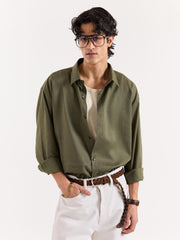 Olive Green Linen Cropped Shirt